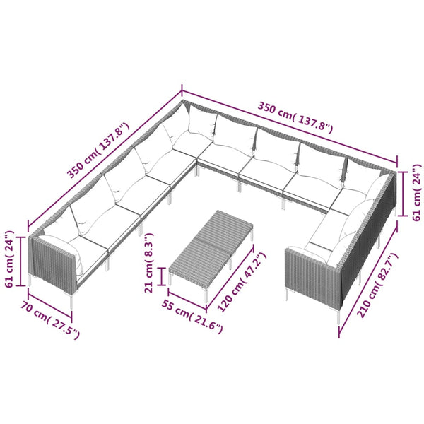 12-tlg. Garten-Lounge-Set mit Kissen Poly Rattan Dunkelgrau