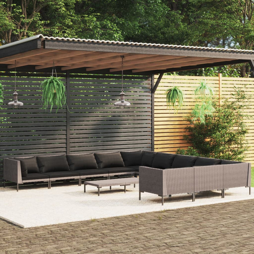 vidaXL Salon de jardin 12 pcs avec coussins en résine tressée Gris foncé