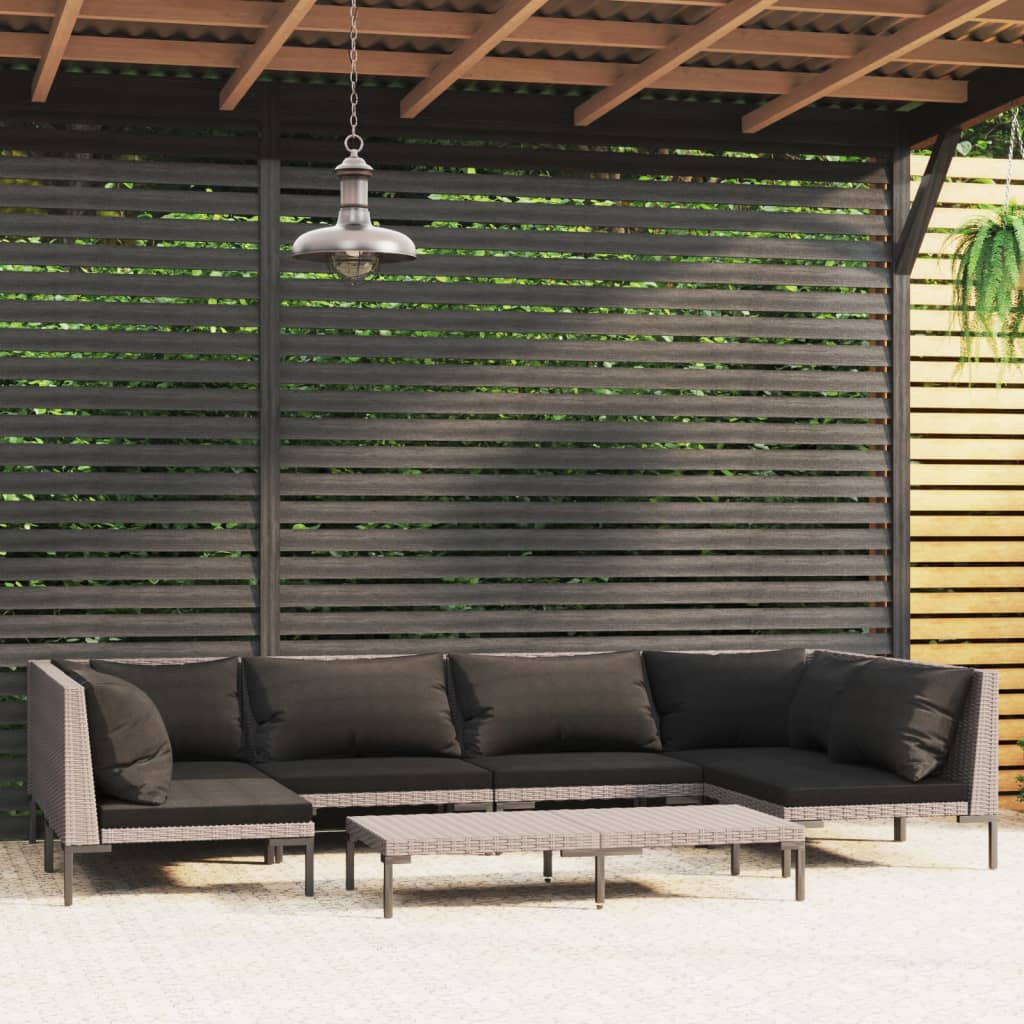 7-tlg. Garten-Lounge-Set mit Kissen Poly Rattan Dunkelgrau