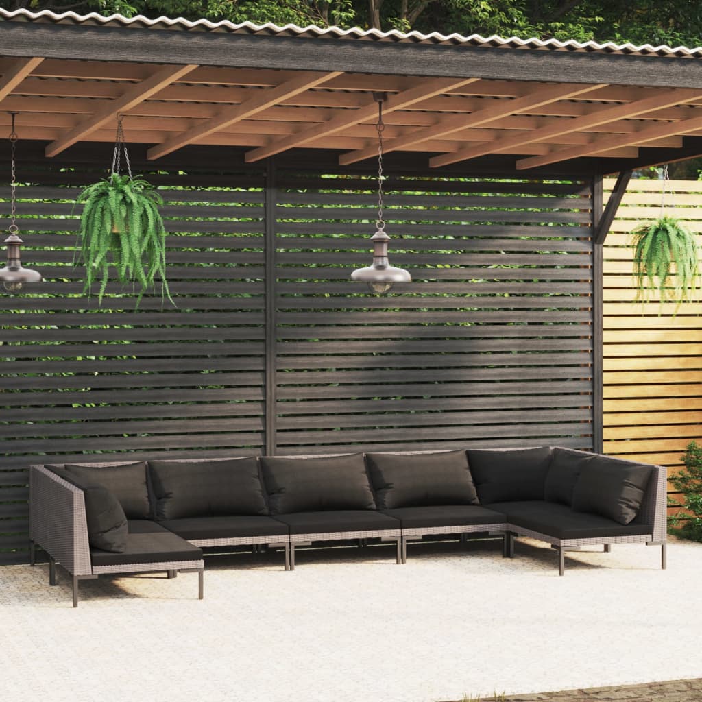 7-tlg. Garten-Lounge-Set mit Kissen Poly Rattan Dunkelgrau