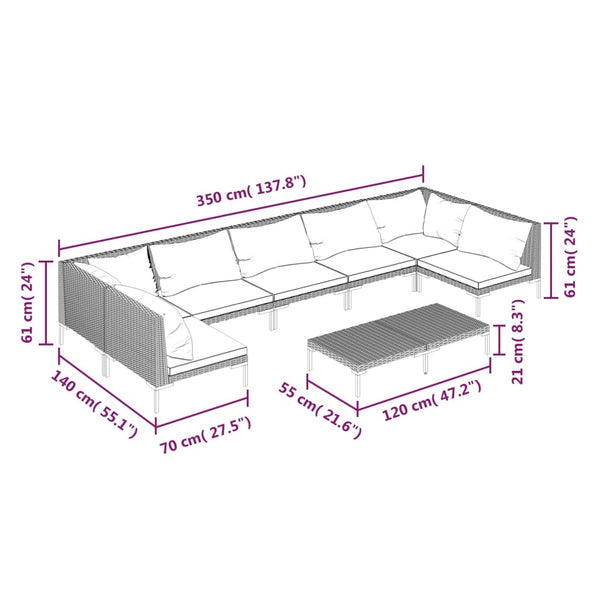 8-tlg. Garten-Lounge-Set mit Kissen Poly Rattan Dunkelgrau