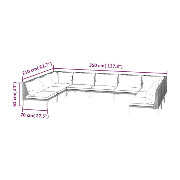 9-tlg. Garten-Lounge-Set mit Kissen Poly Rattan Dunkelgrau