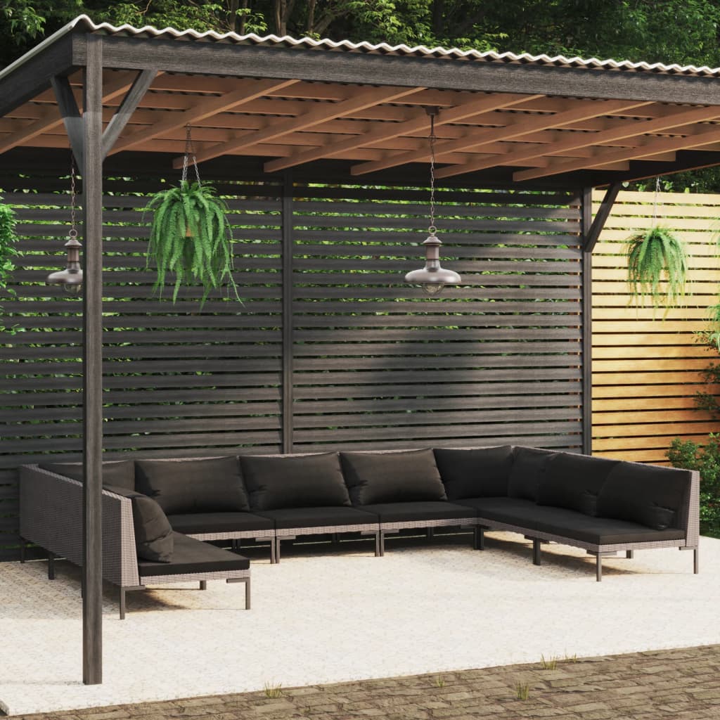 9-tlg. Garten-Lounge-Set mit Kissen Poly Rattan Dunkelgrau