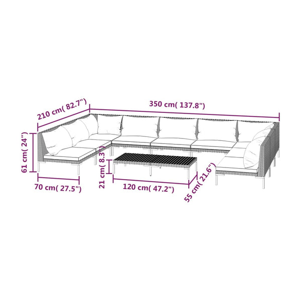 10-tlg. Garten-Lounge-Set mit Kissen Poly Rattan Dunkelgrau