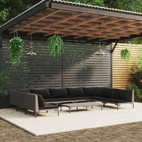 10-tlg. Garten-Lounge-Set mit Kissen Poly Rattan Dunkelgrau