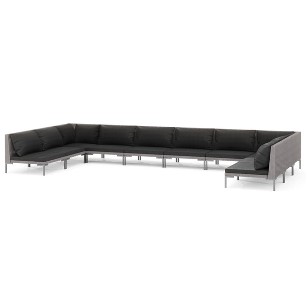 10-tlg. Garten-Lounge-Set mit Kissen Poly Rattan Dunkelgrau