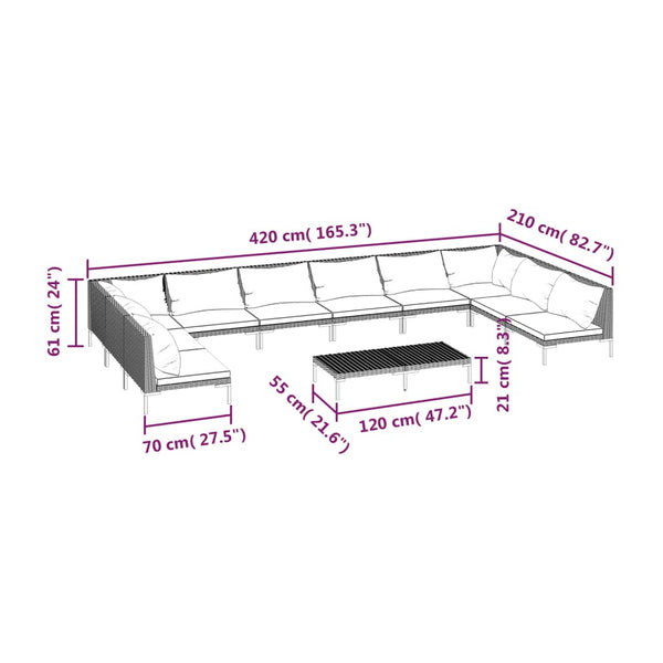 11-tlg. Garten-Lounge-Set mit Kissen Poly Rattan Dunkelgrau