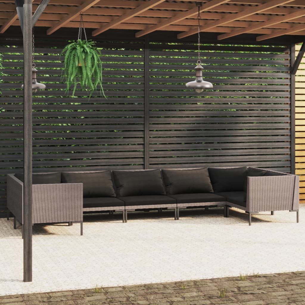 7-tlg. Garten-Lounge-Set mit Kissen Poly Rattan Dunkelgrau