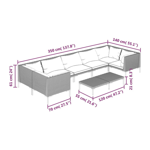 8-tlg. Garten-Lounge-Set mit Kissen Poly Rattan Dunkelgrau