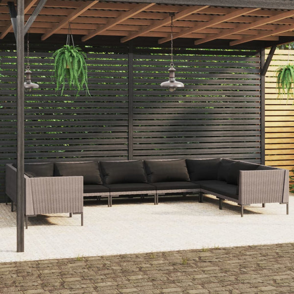 9-tlg. Garten-Lounge-Set mit Kissen Poly Rattan Dunkelgrau