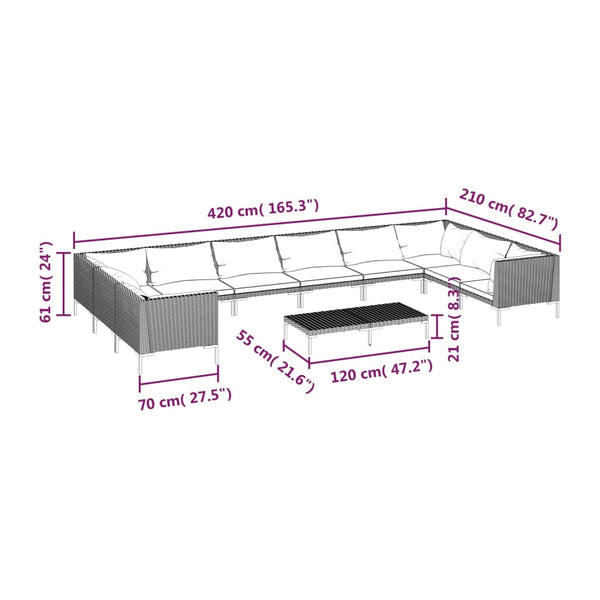 11-tlg. Garten-Lounge-Set mit Kissen Poly Rattan Dunkelgrau