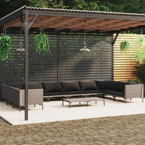 11-tlg. Garten-Lounge-Set mit Kissen Poly Rattan Dunkelgrau
