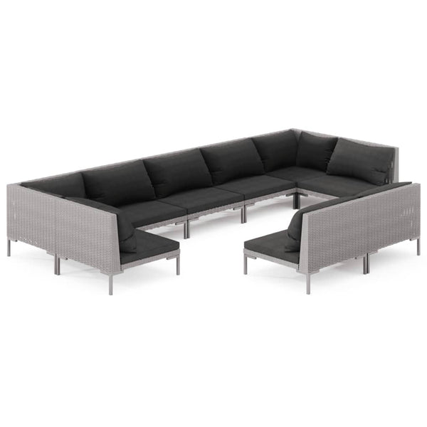9-tlg. Garten-Lounge-Set mit Kissen Poly Rattan Dunkelgrau