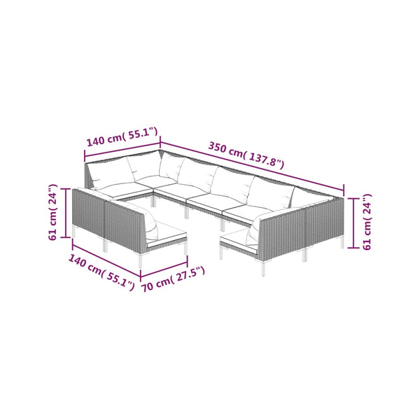 9-tlg. Garten-Lounge-Set mit Kissen Poly Rattan Dunkelgrau