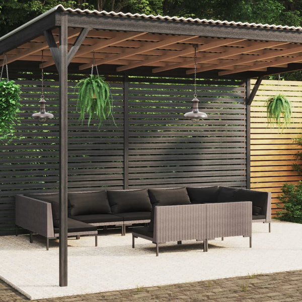 9-tlg. Garten-Lounge-Set mit Kissen Poly Rattan Dunkelgrau