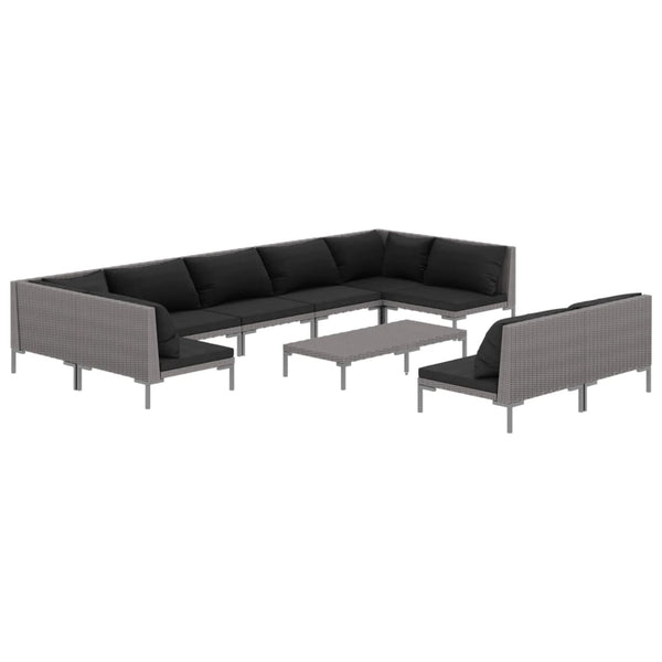 10-tlg. Garten-Lounge-Set mit Kissen Poly Rattan Dunkelgrau