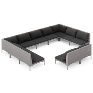 11-tlg. Garten-Lounge-Set mit Kissen Poly Rattan Dunkelgrau