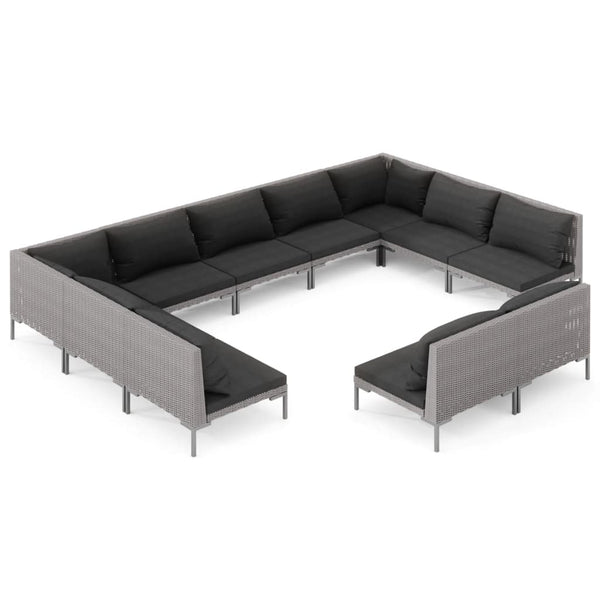 11-tlg. Garten-Lounge-Set mit Kissen Poly Rattan Dunkelgrau