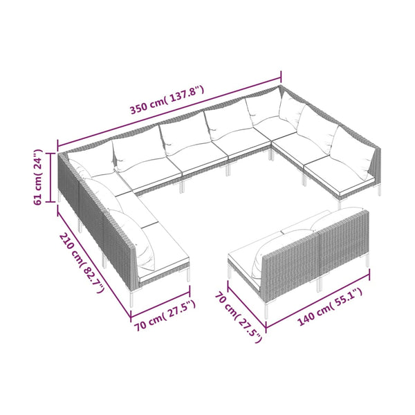 11-tlg. Garten-Lounge-Set mit Kissen Poly Rattan Dunkelgrau