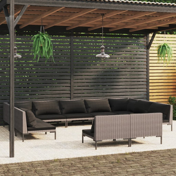 11-tlg. Garten-Lounge-Set mit Kissen Poly Rattan Dunkelgrau