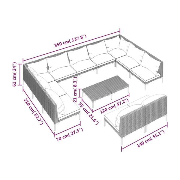 12-tlg. Garten-Lounge-Set mit Kissen Poly Rattan Dunkelgrau