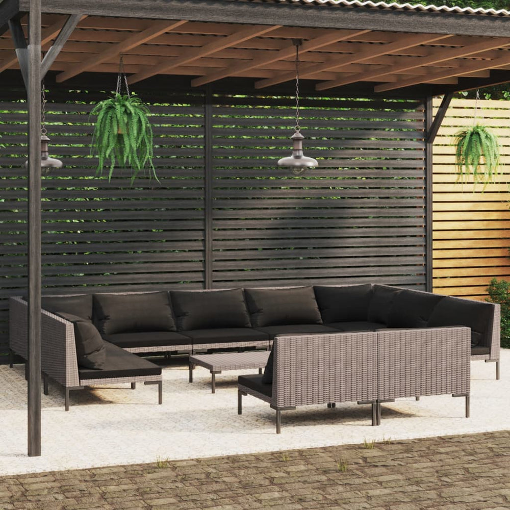 vidaXL Salon de jardin 12 pcs avec coussins en résine tressée Gris foncé