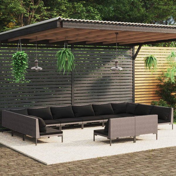 12-tlg. Garten-Lounge-Set mit Kissen Poly Rattan Dunkelgrau