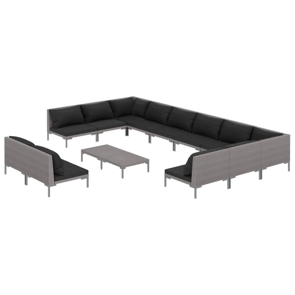 13-tlg. Garten-Lounge-Set mit Kissen Poly Rattan Dunkelgrau