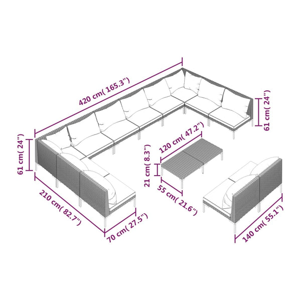 13-tlg. Garten-Lounge-Set mit Kissen Poly Rattan Dunkelgrau