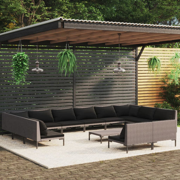 13-tlg. Garten-Lounge-Set mit Kissen Poly Rattan Dunkelgrau