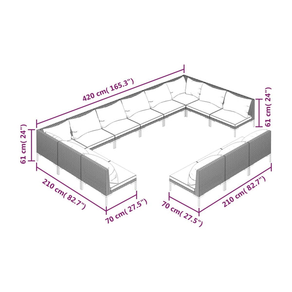13-tlg. Garten-Lounge-Set mit Kissen Poly Rattan Dunkelgrau