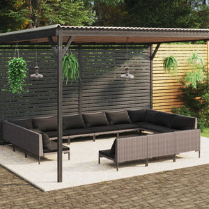 13-tlg. Garten-Lounge-Set mit Kissen Poly Rattan Dunkelgrau