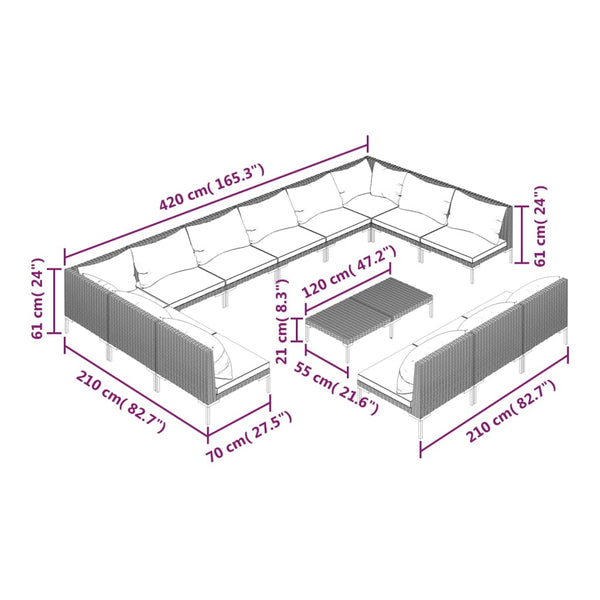 14-tlg. Garten-Lounge-Set mit Kissen Poly Rattan Dunkelgrau