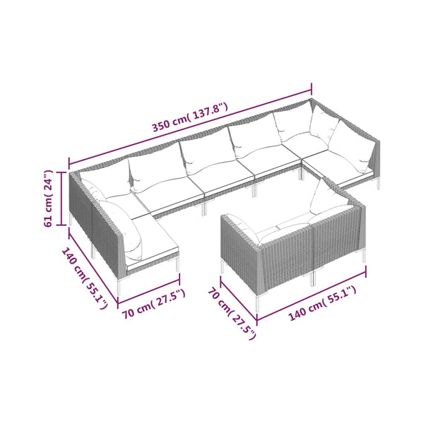 9-tlg. Garten-Lounge-Set mit Kissen Poly Rattan Dunkelgrau