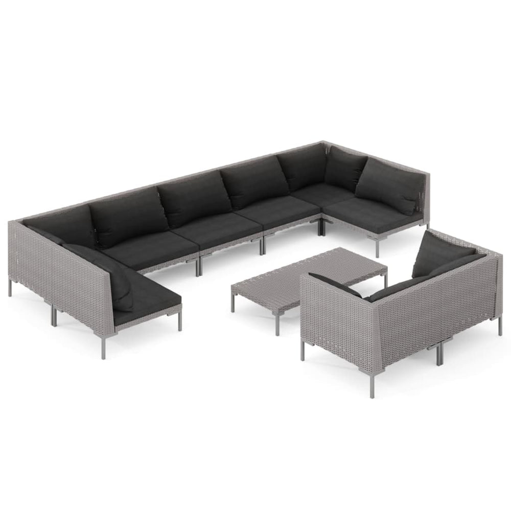 10-tlg. Garten-Lounge-Set mit Kissen Poly Rattan Dunkelgrau