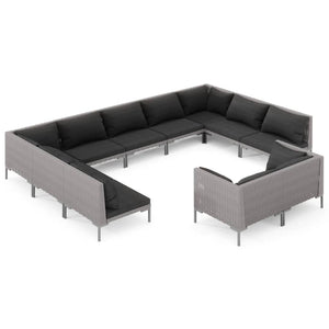 11-tlg. Garten-Lounge-Set mit Kissen Poly Rattan Dunkelgrau