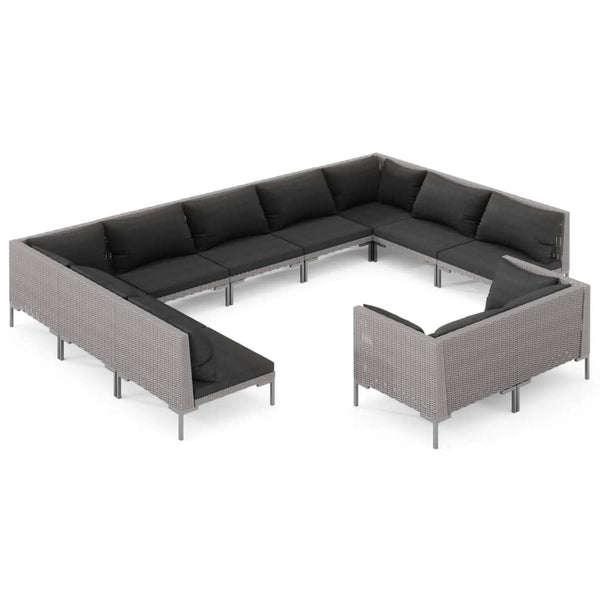 11-tlg. Garten-Lounge-Set mit Kissen Poly Rattan Dunkelgrau