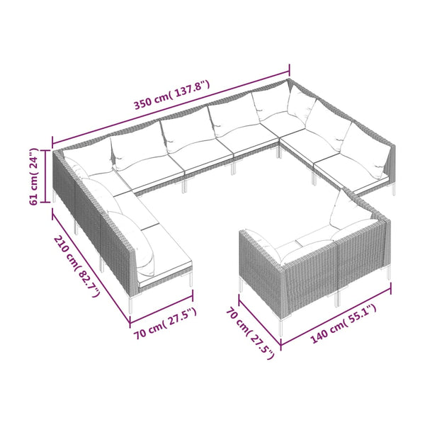 11-tlg. Garten-Lounge-Set mit Kissen Poly Rattan Dunkelgrau