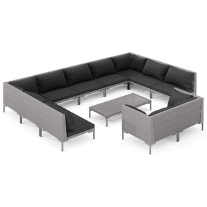 12-tlg. Garten-Lounge-Set mit Kissen Poly Rattan Dunkelgrau