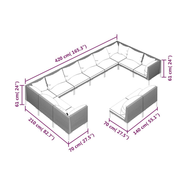 12-tlg. Garten-Lounge-Set mit Kissen Poly Rattan Dunkelgrau