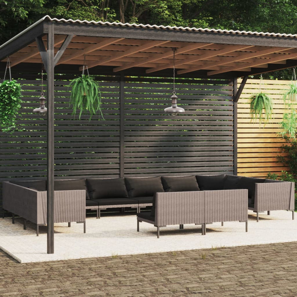 vidaXL Salon de jardin 12 pcs avec coussins en résine tressée Gris foncé