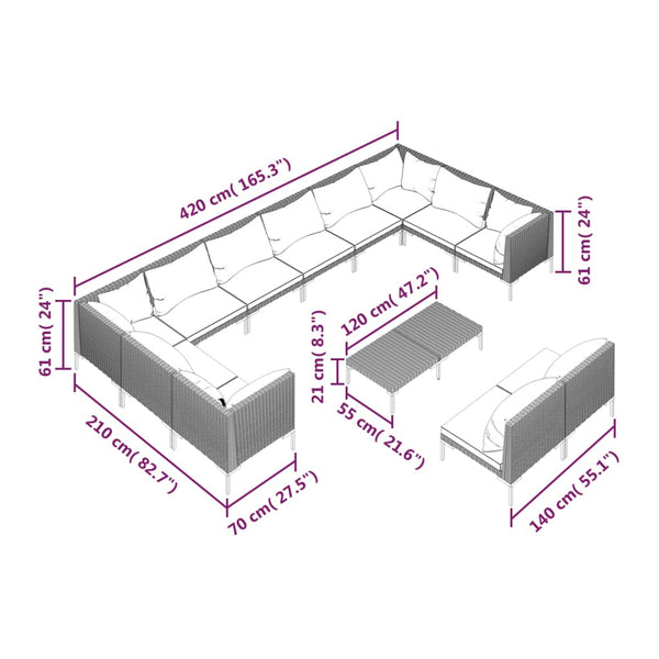 13-tlg. Garten-Lounge-Set mit Kissen Poly Rattan Dunkelgrau