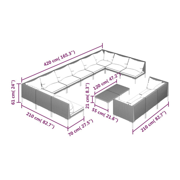 14-tlg. Garten-Lounge-Set mit Kissen Poly Rattan Dunkelgrau