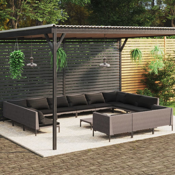 14-tlg. Garten-Lounge-Set mit Kissen Poly Rattan Dunkelgrau