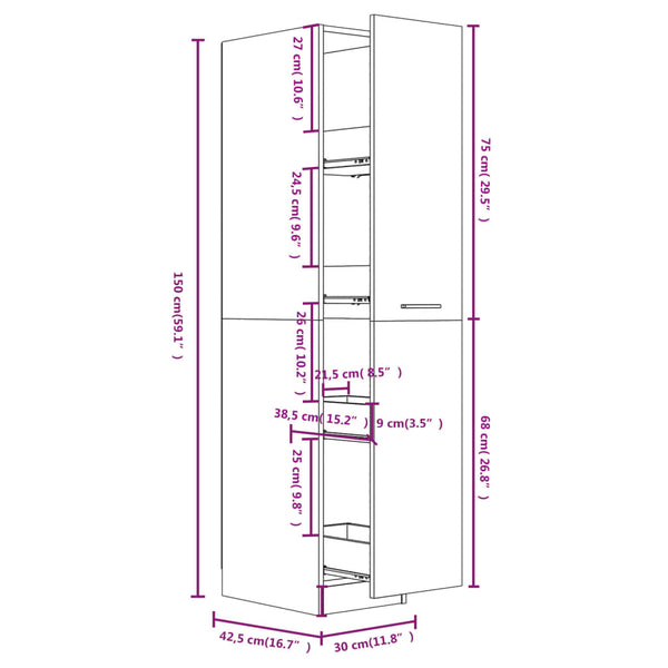 Apothekerschrank Braun Eiche 30x42,5x150cm