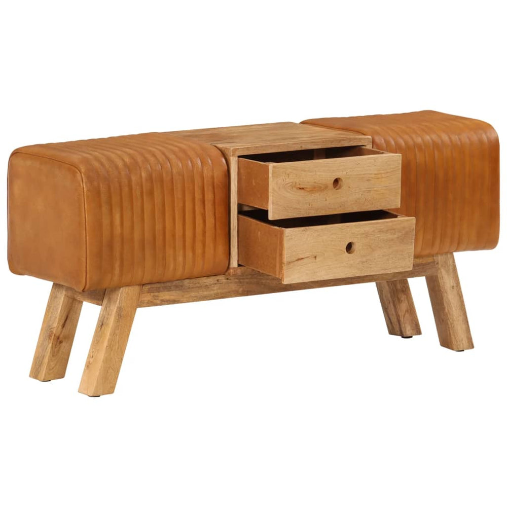 Echtleder Sitzbank Braun 107cm Mango Massivholz