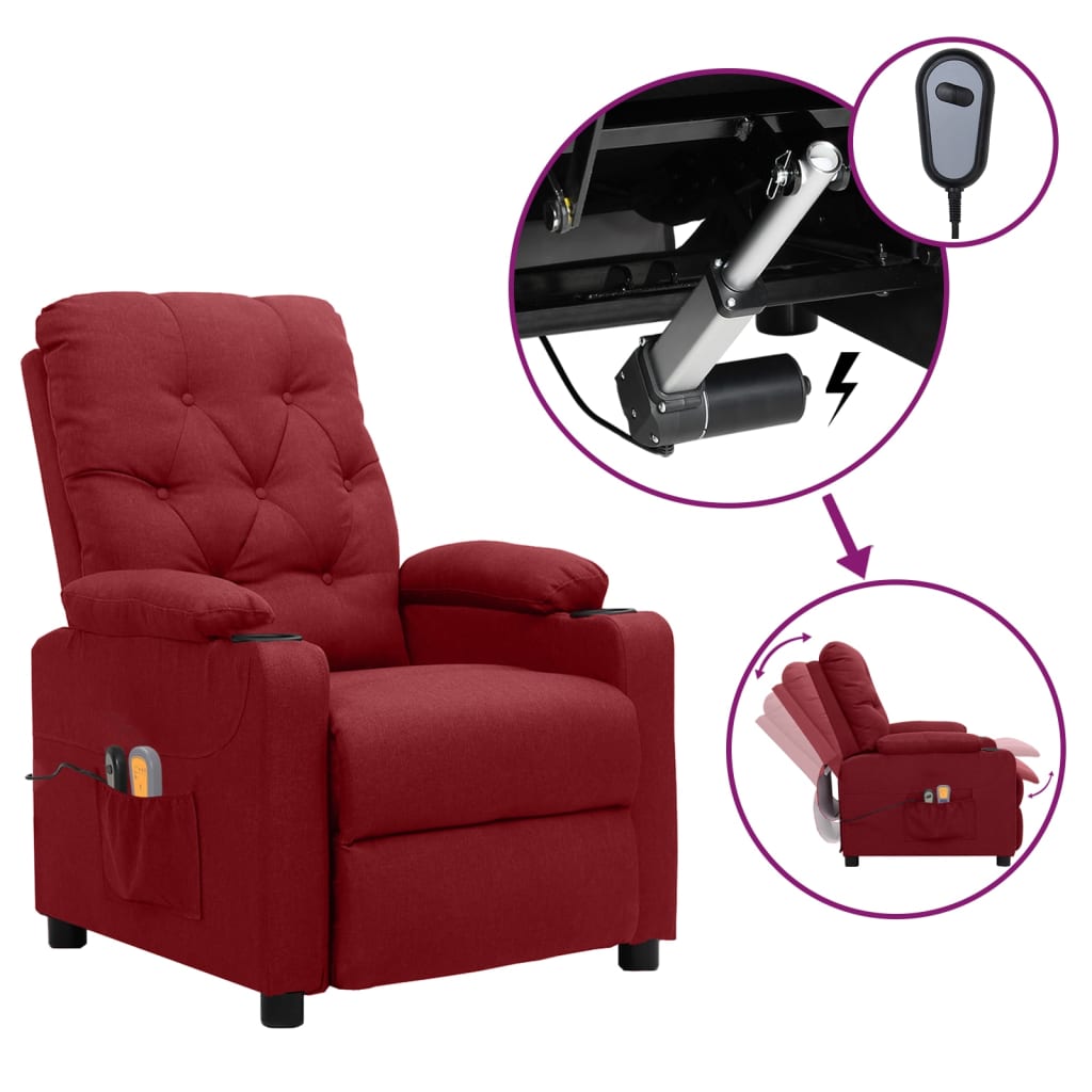 vidaXL Fauteuil de massage électrique en tissu rouge bordeaux