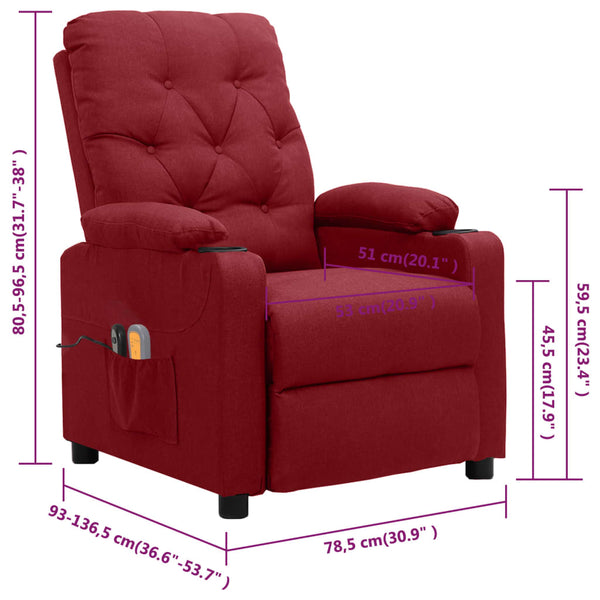 vidaXL Fauteuil de massage électrique en tissu rouge bordeaux