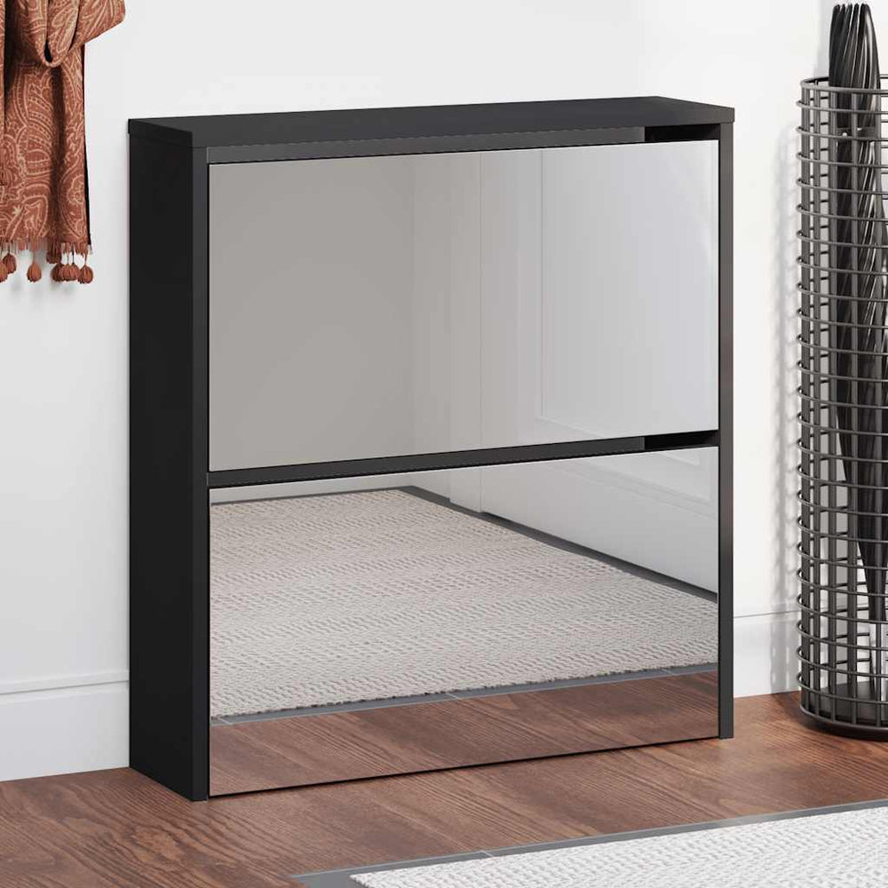 vidaXL Shoe Cabinet with Mirror 2 Compartments Black 63x17x67 cm