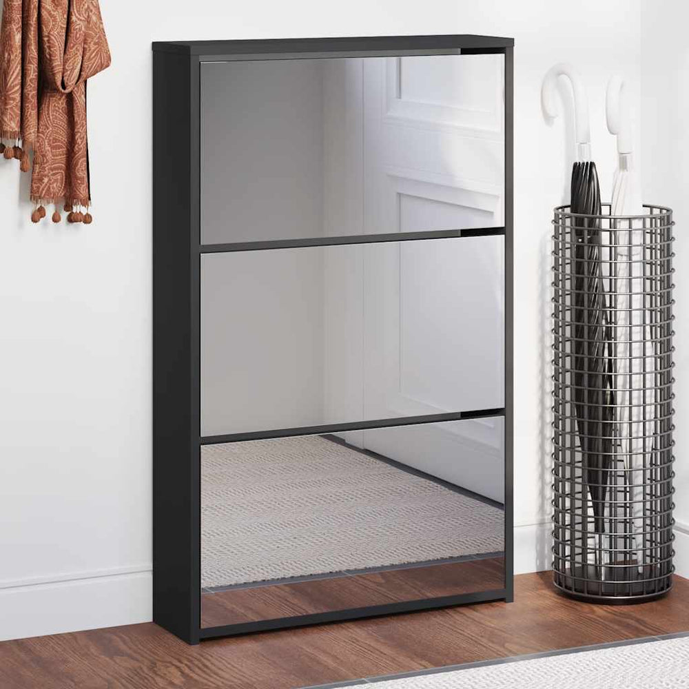 vidaXL Shoe Cabinet with Mirror 3-Layer Black 63x17x102.5 cm